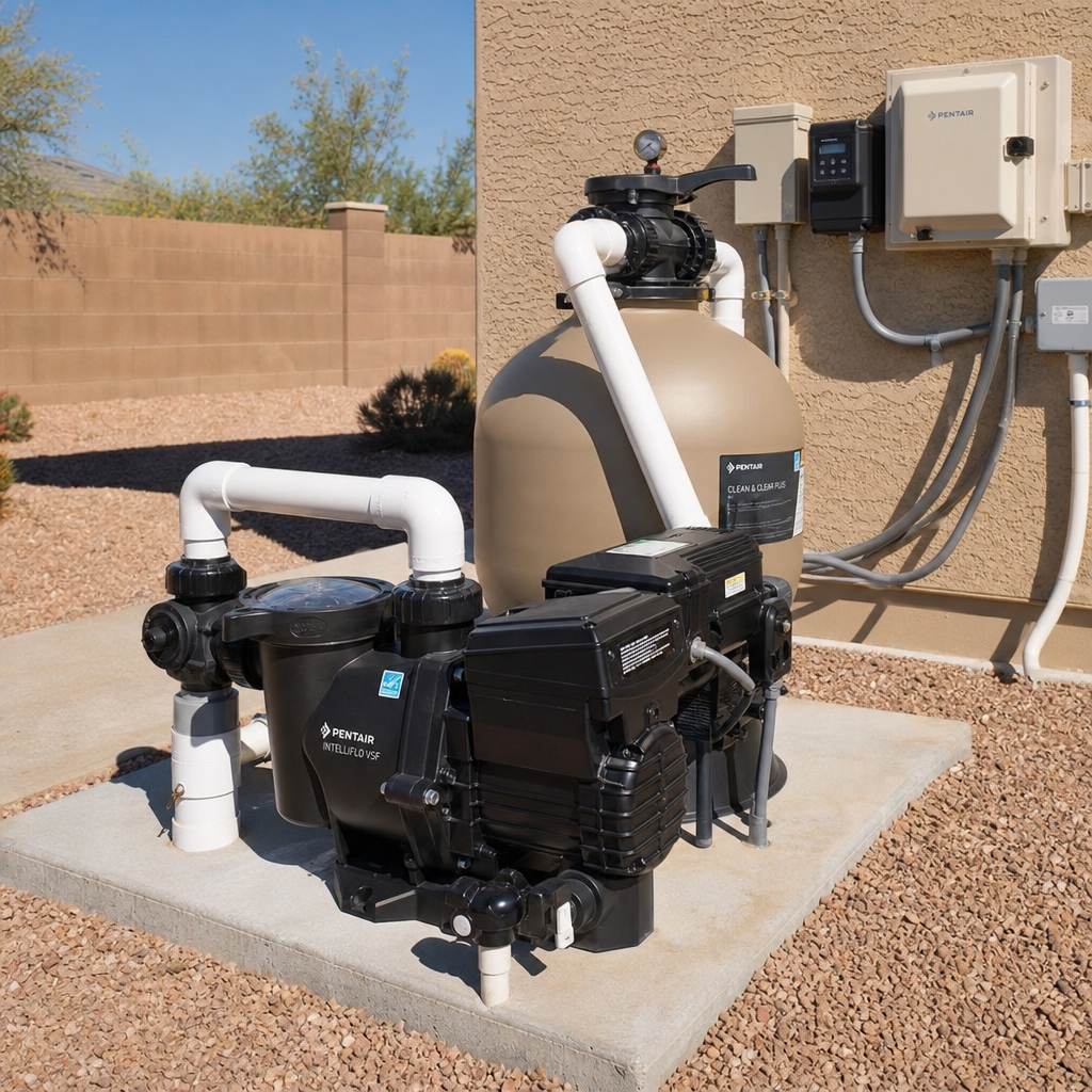 New variable speed pool pump and equipment installed on a clean pad in Arizona