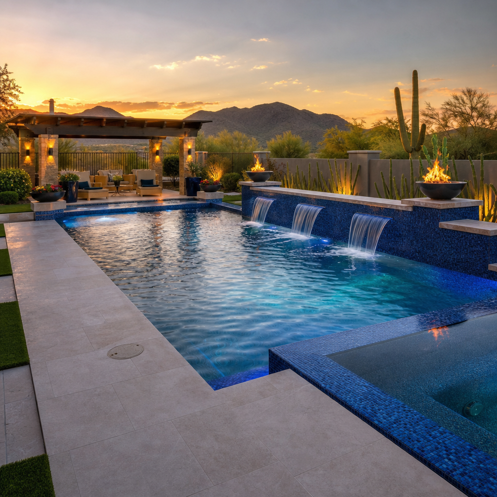 Renovated luxury pool with new glass tile and water features in the Phoenix area